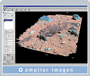 El software de realidad virtual que utiliza la NASA, Viz, ayudado por los gráficos Quadro permite ver esta reconstrucción 3D del suelo marciano en la que se muestran las huellas dejadas por los airbags del Spirit. Imagen cedida por la NASA Ames/JPL/Cornell.