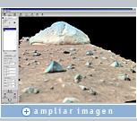 Esta imagen tridimensional del acercamiento a "Adirondack" se ha generado utilizando el software de realidad virtual del centro Ames de la NASA, Viz, y los gráficos Quadro de NVIDIA. La herramienta de abrasión de rocas del Spirit se utilizará para pulir una zona de la roca a fin de obtener una imagen más cercana con el generador de imágenes microscópicas. Imagen cedida por la NASA Ames/JPL/Cornell.