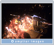 Zoic utilizó los gráficos Quadro para mezclar la acción del primer plano (personaje despedido por la explosión) con la acción de fondo (explosión y nave espacial) en Battlestar.