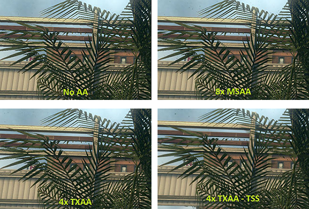 Sin AA; MSAA 8x; TXAA Sin AA; MSAA 8x; TXAA