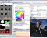 FX Composer 2 es un entorno de desarrollo integrado para la creación de sombreadores que facilita la rápida creación de efectos visuales en tiempo real. En esta captura de pantalla se muestra una escena compleja con varios materiales, animación, scripts, sombreados y un selector de colores de alta gama dinámica.