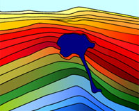 Modelo geológico del subsuelo. Las formaciones exploradas se encuentran varias capas por debajo de la capa de sal.