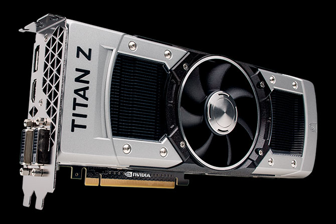 Vista en ángulo de la tarjeta gráfica GeForce GTX TITAN Z